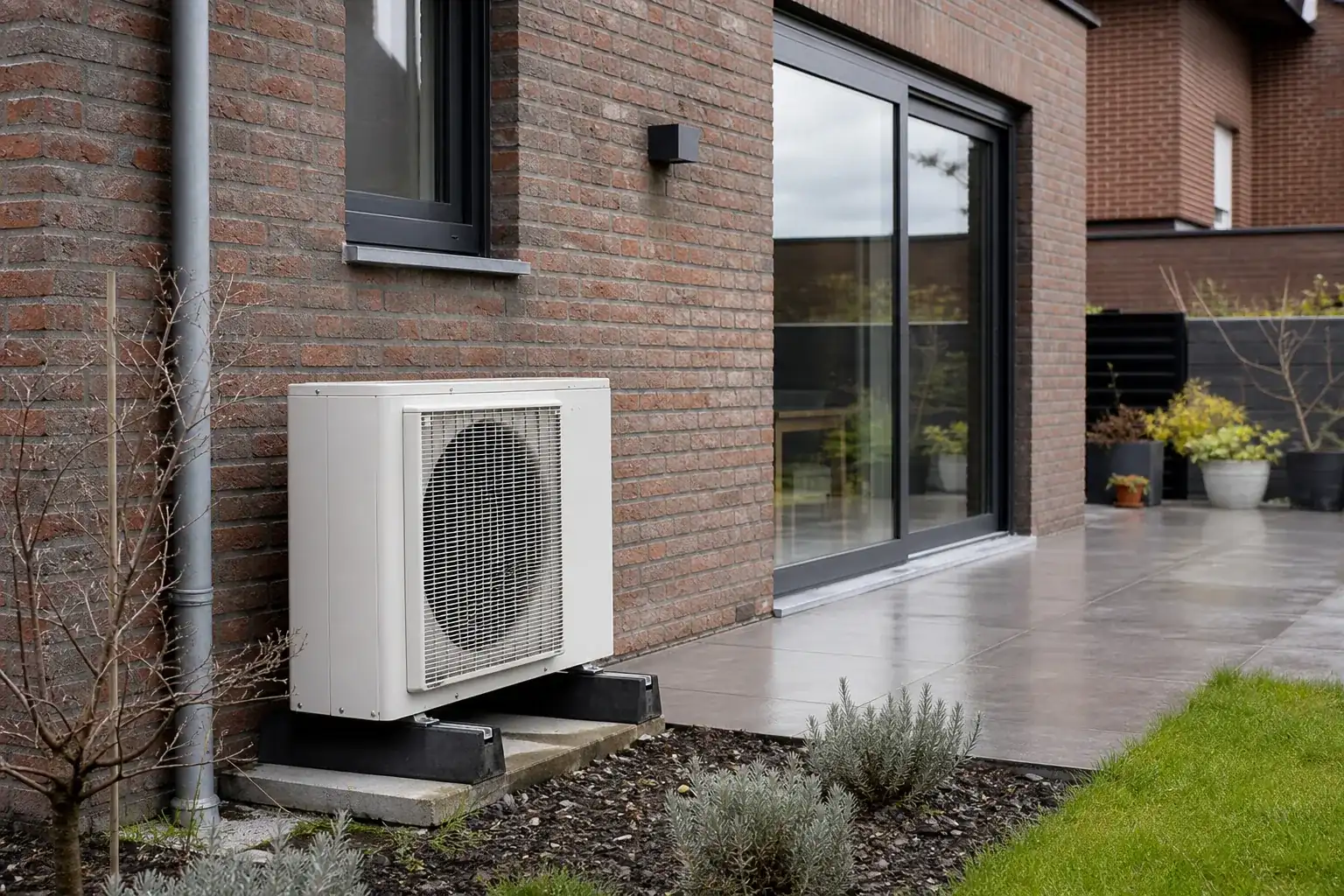 Pompe à chaleur air-eau installée à l’arrière d’une extension récente de maison en brique