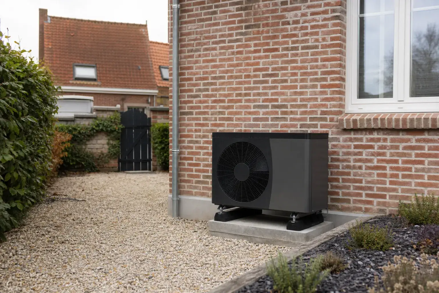 Pompe à chaleur air-eau installée au sol dans le jardin d’une maison individuelle en brique